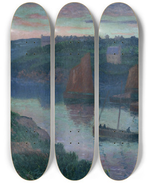 Triptych art skateboard deck of Henry Moret Bateaux De Pche En Bretagne by Henry Moret (1856-1913)