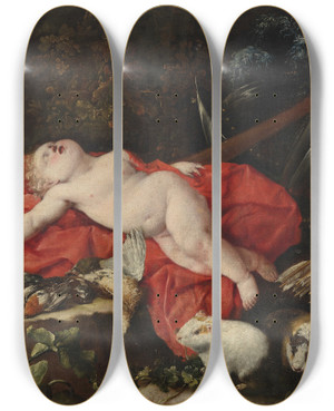 Triptych art skateboard deck of Bartolomeo Guidobono Cupid Sleeping Beside Hunting Paraphernalia With Two Guinea Pigs In The Foreground by Bartolomeo Guidobono (1654-1709)