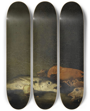 Triptych art skateboard deck of Thodule Ribot Stilleven Met Vissen En Een Kreeft by Theodule Ribot (1823-1891)