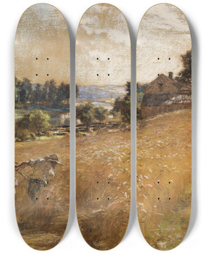 Triptych art skateboard deck of Lon Augustin Lhermitte La Fenaison by Lon Augustin Lhermitte (1844-1925)