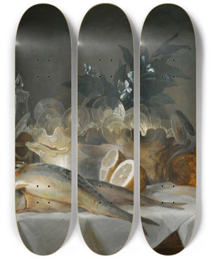 Triptych art skateboard deck of Anne Vallayercoster A Still Life Of Mackerel Glassware A Loaf Of Bread Andlemons On A Table With A White Cloth by Anne Vallayer-Coster (1744-1818)