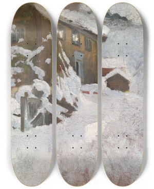 Triptych art skateboard deck of Frits Thaulow Norwegian Winter by Frits Thaulow (1847-1906)