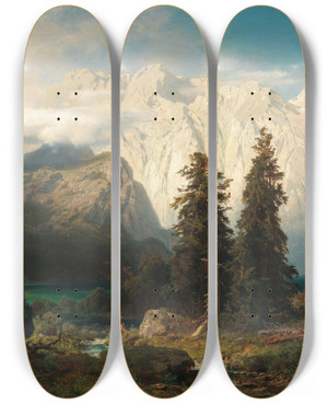 Triptych art skateboard deck of August Wilhelm Leu A View Of The Watzmann Mountain And Lake Knigssee by August Wilhelm Leu (1819-1897)