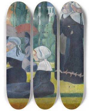 Triptych art skateboard deck of Emile Bernard Breton Women With Umbrellas by Emile Bernard (1868-1941)