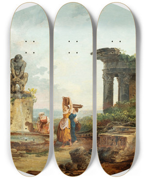 Triptych art skateboard deck of Hubert Robert Landscape With Washerwomen At A Fountain by Hubert Robert (1733-1808)