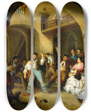 Triptych art skateboard deck of Manuel Cabral Aguado Bejarano A Drunkard At An Inn by Manuel Cabral Aguado Bejarano (1827-1891)