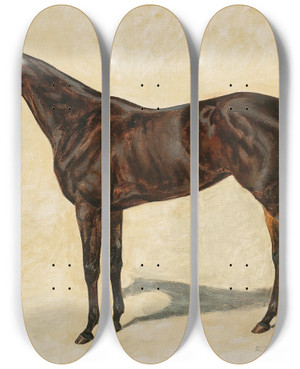 Triptych art skateboard deck of Emil Adam A Dark Brown Thoroughbred Mare by Emil Adam (1843-1924)