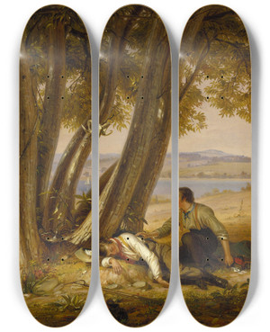 Triptych art skateboard deck of William Sidney Mount Caught Napping Boys Caught Napping In A Field by William Sidney Mount (1807-1868)