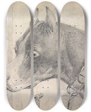 Triptych art skateboard deck of Henry Thomas Alken Head And Shoulders Of A Boxer Dog Profile Left Wearing A Leather Collar A Ttached To A Ring Post by Henry Thomas Alken (1785-1851)