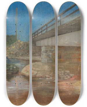 Triptych art skateboard deck of Aurel Ballo Sketch Of A Landscape With A Bridge by Aurel Ballo (1871-1940)