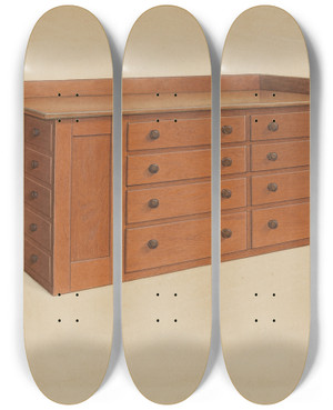 Triptych art skateboard deck of Winslow Rich Tailors Table by Winslow Rich