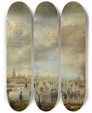 Triptych art skateboard deck of Aert Van Der Neer Winter Landscape Near A Town With Kolf Players And Horsedrawn Sleighs by Aert van der Neer (1603-1677)