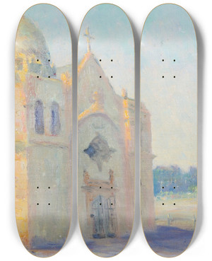 Triptych art skateboard deck of William Posey Silva Carmel Mission by William Posey Silva (1859-1948)