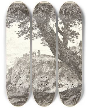 Triptych art skateboard deck of Karel Dujardin Landskab Med To Seldrivere by Karel Dujardin (1622-1678)