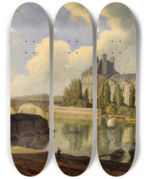 Triptych art skateboard deck of Auguste Wynantz Le Pont Royal Et Le Pavillon De Flore Vus Du Quai Voltaire by Auguste Wynantz (1795-1848)