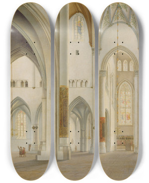 Triptych art skateboard deck of Pieter Jansz Saenredam The Interior Of Saint Bavo Haarlem by Pieter Jansz Saenredam (1597-1665)