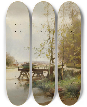 Triptych art skateboard deck of Eugne Galienlaloue The Pond At The Edge Of The Village by Eugene Galien Laloue (1854-1941)
