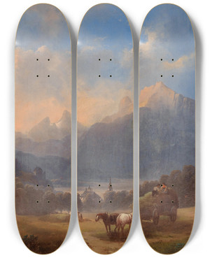 Triptych art skateboard deck of Franz Barbarini Scene Of The Salzkammergut by Franz Barbarini (1804-1873)