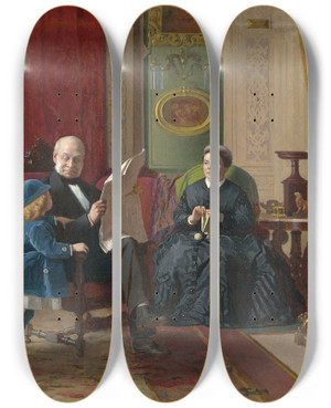 Triptych art skateboard deck of Eastman Johnson The Brown Family by Eastman Johnson (1824-1906)