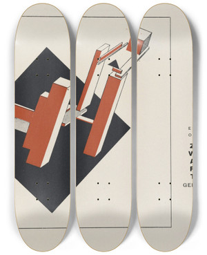 Triptych art skateboard deck of El Lissitzky Suprematisch Worden Van Twee Kwa Dra Ten In 6 Konstrukties Pl 10 by El Lissitzky (1890-1941)