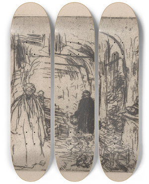 Triptych art skateboard deck of Marius Bauer Bazaar In Constantinopel_2 by Marius Bauer (1867-1932)