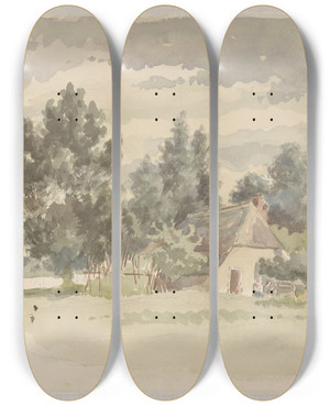 Triptych art skateboard deck of Jan Striening Landschap Met Boerderij Omgeven Door Bomen by Jan Striening (1827-1903)