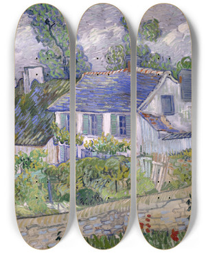 Triptych art skateboard deck of Vincent Van Gogh Houses At Auvers by Vincent van Gogh (1853-1890)
