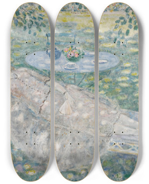 Triptych art skateboard deck of Frederick Carl Frieseke Sun Spots by Frederick Carl Frieseke (1874-1939)