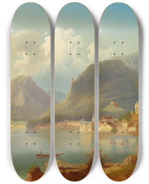 Triptych art skateboard deck of Ferdinand Lepie View Of Hallstatt by Ferdinand Lepie (1824-1883)