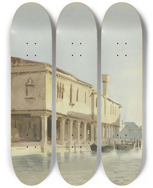 Triptych art skateboard deck of Carl Theodor Reiffenstein Channel Section In Murano by Carl Theodor Reiffenstein (1820-1893)