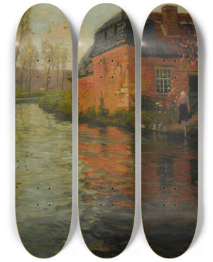 Triptych art skateboard deck of Frits Thaulow A View Of The River La Varenne by Frits Thaulow (1847-1906)