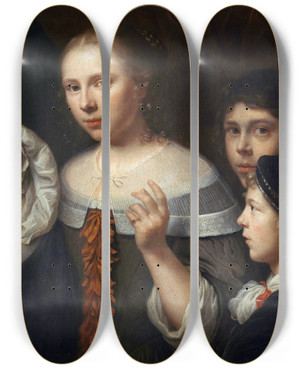 Triptych art skateboard deck of Wallerant Vaillant Portrait Of A Young Woman With Three Children by Wallerant Vaillant (1623-1677)