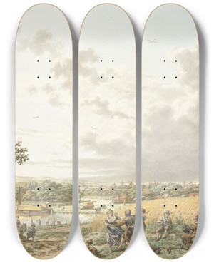 Triptych art skateboard deck of Jacob Cats Zomer Middag En Lucht by Jacob Cats (1741-1799)
