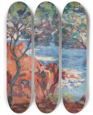 Triptych art skateboard deck of Armand Guillaumin Rochers De Lile Besse Agay by Armand Guillaumin (1841-1927)