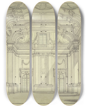 Triptych art skateboard deck of Ferdinando Galli Bibiena Rococo Room by Ferdinando Galli Bibiena (1657-1743)