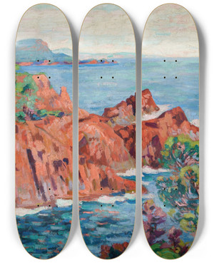 Triptych art skateboard deck of Armand Guillaumin Les Roches Rouges Agay by Armand Guillaumin (1841-1927)