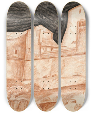 Triptych art skateboard deck of Alexandre Jacovleff The House At Portcros by Alexandre Jacovleff (1887-1938)