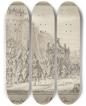 Triptych art skateboard deck of Simon Fokke Das Begrbnis Alexanders by Simon Fokke (1712-1784)