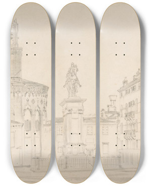 Triptych art skateboard deck of Friedrich Von Nerly View Of The South Side Of The Church Of Santi Giovanni E Paolo In Venice With Verrocchios Statue Of Bartolomeo Colleoni by Friedrich Von Nerly (1807-1878)