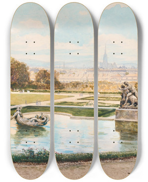 Triptych art skateboard deck of Friedrich Frank View From The Belvedere Over Vienna by Friedrich Frank (1871-1945)