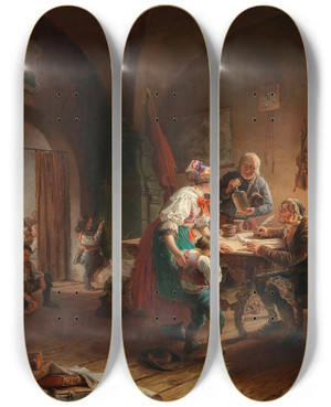Triptych art skateboard deck of Eduard Ritter The Village School by Eduard Ritter (1808-1853)