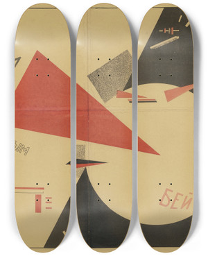 Triptych art skateboard deck of El Lissitzky Beat The Whites With The Red Wedge by El Lissitzky (1890-1941)