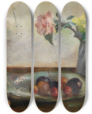 Triptych art skateboard deck of Lovis Corinth Stillleben Mit Blumen In Vase Muschel Und Obst by Lovis Corinth (1858-1925)