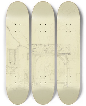 Triptych art skateboard deck of Jakob Becker Farmstead With A Gateway by Jakob Becker (1810-1872)