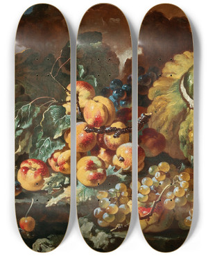 Triptych art skateboard deck of Giovanni Paolo Castelli Peaches Apples Plums And Cherries By A Pumpkin On A Stone Ledge by Giovanni Paolo Castelli (1659-1730)