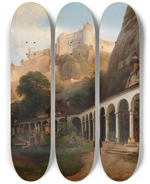 Triptych art skateboard deck of Johann Fischbach Salzburg A View Of St Peters Cemetery by Johann Fischbach (1797-1871)