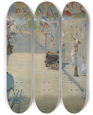 Triptych art skateboard deck of Douard Manet The Rue Mosnier With Flags by douard Manet (1832-1883)