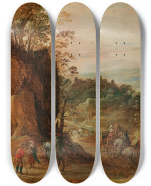 Triptych art skateboard deck of Joos De Momper A Rocky Landscape With Horsemen by Joos de Momper (1564-1634)