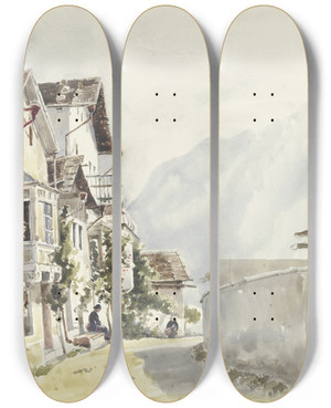 Triptych art skateboard deck of Friedrich Ernst Morgenstern Street In Mhlbach by Friedrich Ernst Morgenstern (1853-1919)