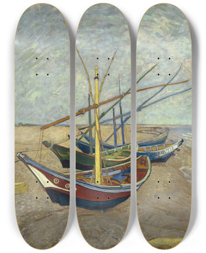 Triptych art skateboard deck of Vincent Van Gogh Fishing Boats On The Beach At Les Saintesmariesdelamer by Vincent van Gogh (1853-1890)